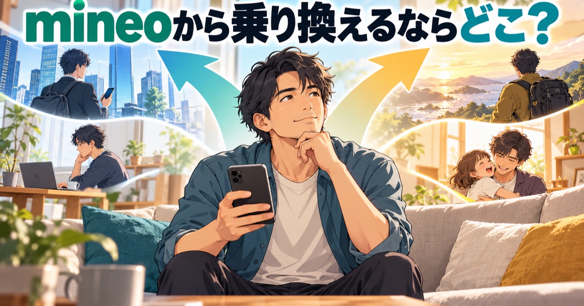 スマホを手に乗り換え先を考える男性のイラスト