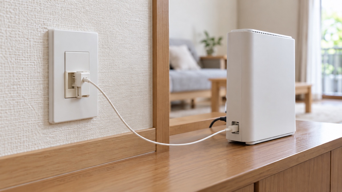 壁の光コンセントにつながったルーター