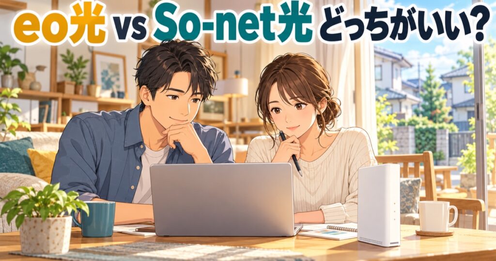 2つの光回線を見比べて相談する夫婦のイラスト
