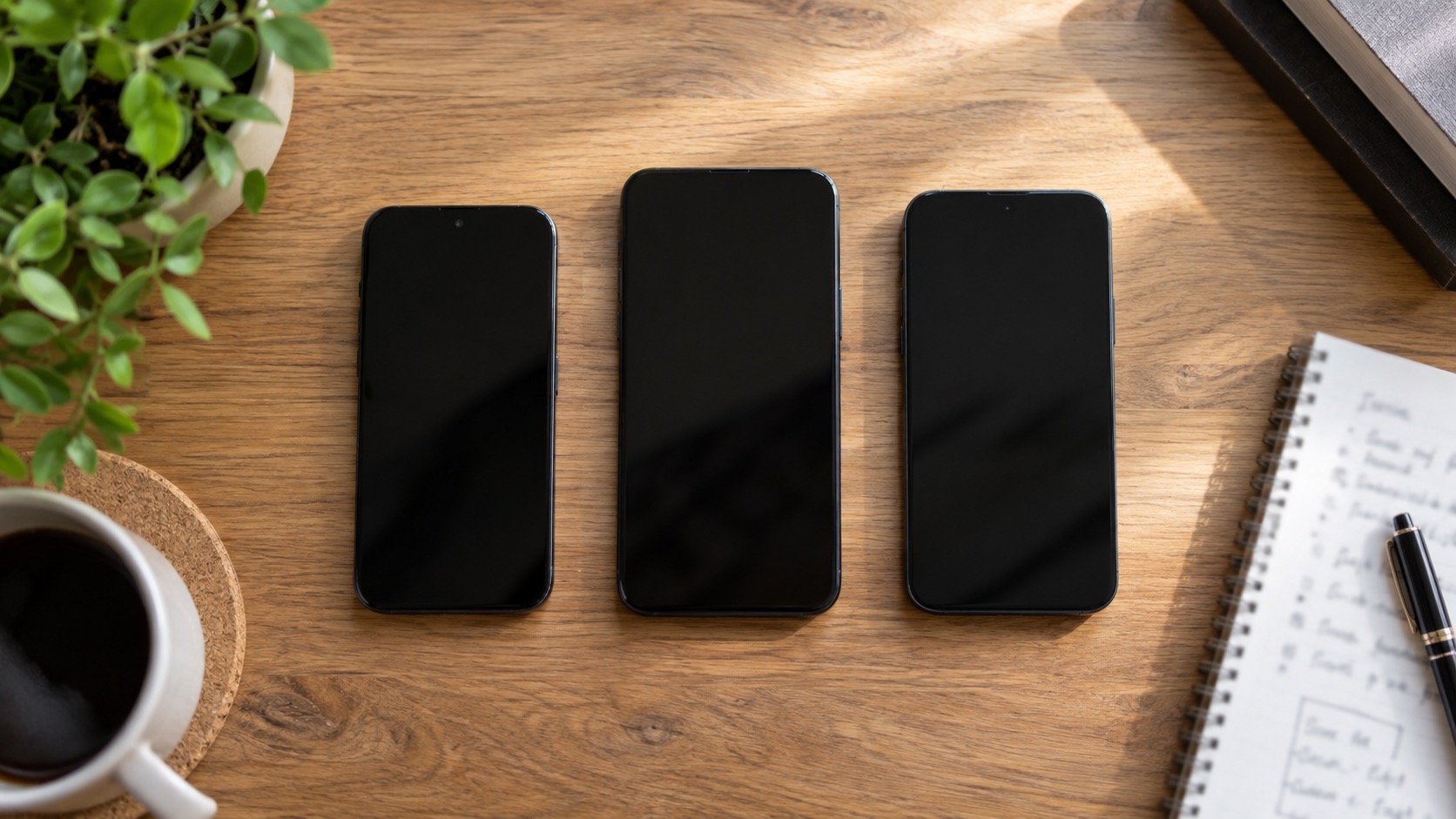3社のスマホプランを比べるために並べた3台のスマートフォン