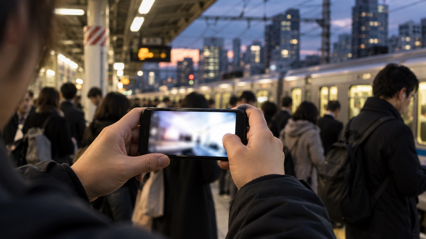 混雑した夕方の駅でスマートフォンを使う様子