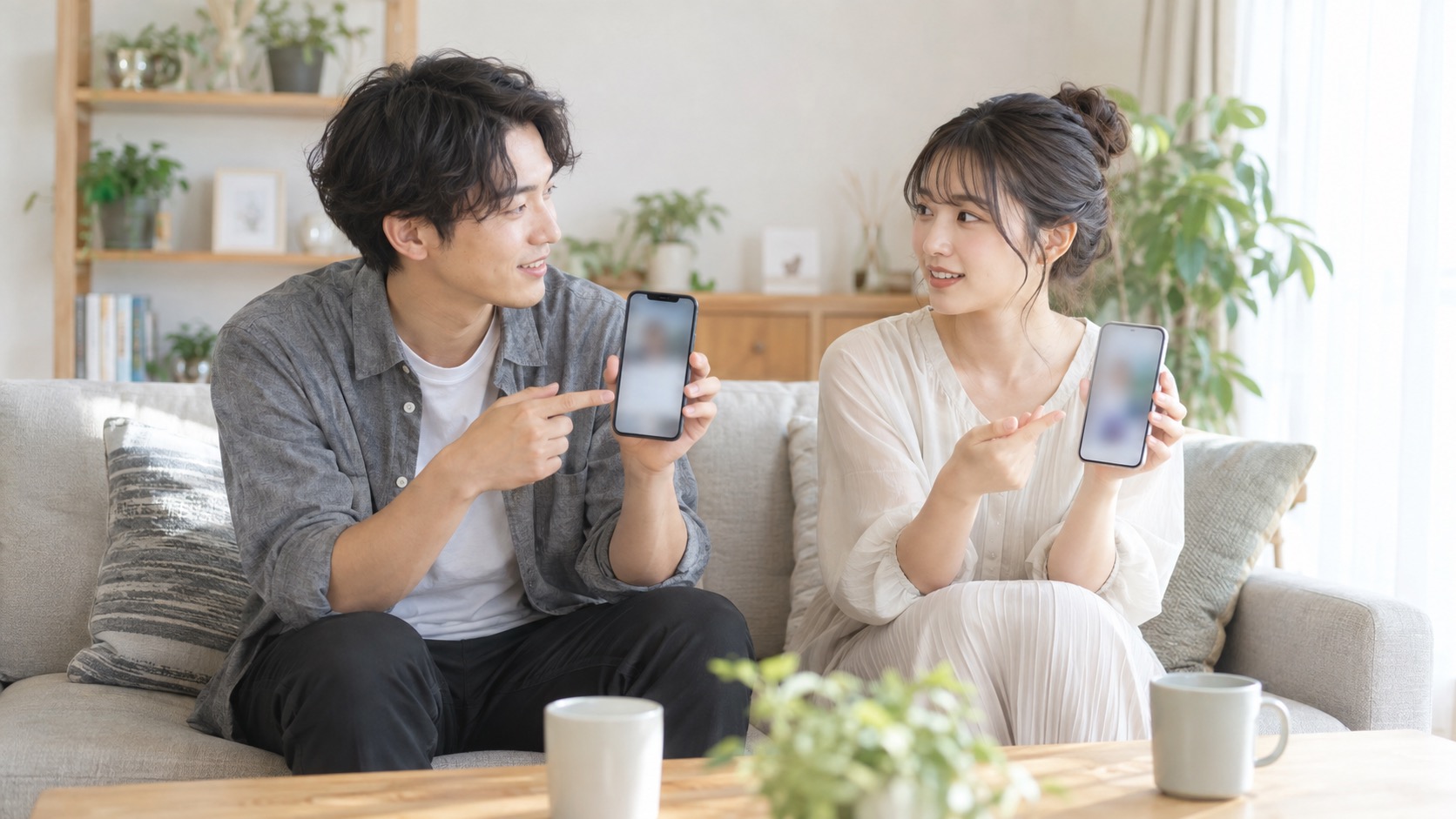 2人でスマホのプランを見せ合って相談する様子