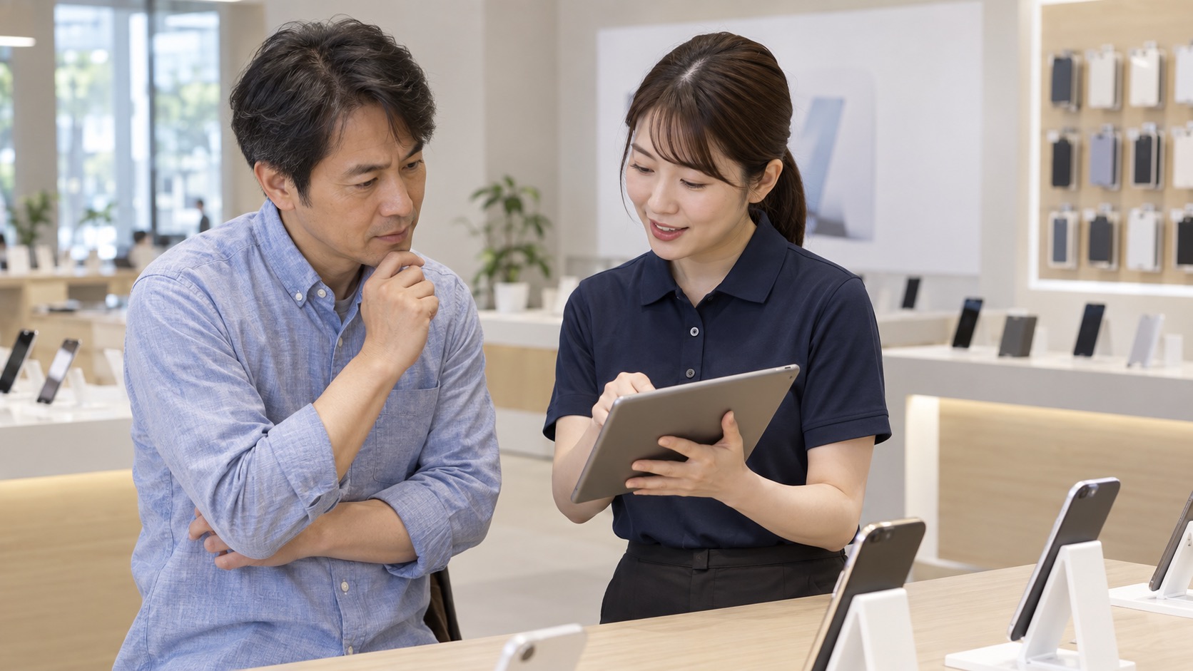 携帯ショップの店頭でプランの説明を受ける様子