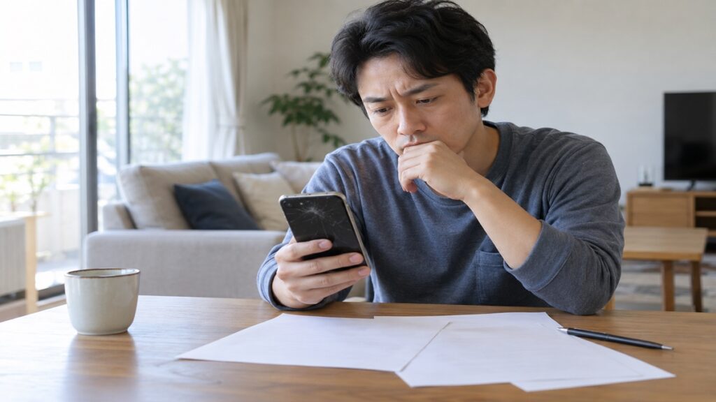 割れたスマホを前に補償内容を確認して悩む男性