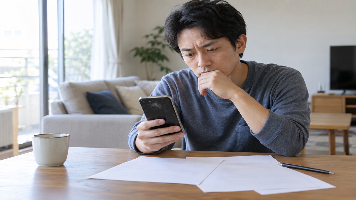 割れたスマホを前に補償内容を確認して悩む男性