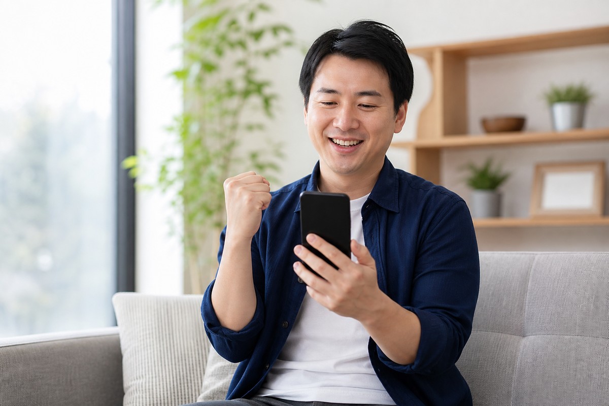 スマートフォンの設定が完了して安心している様子