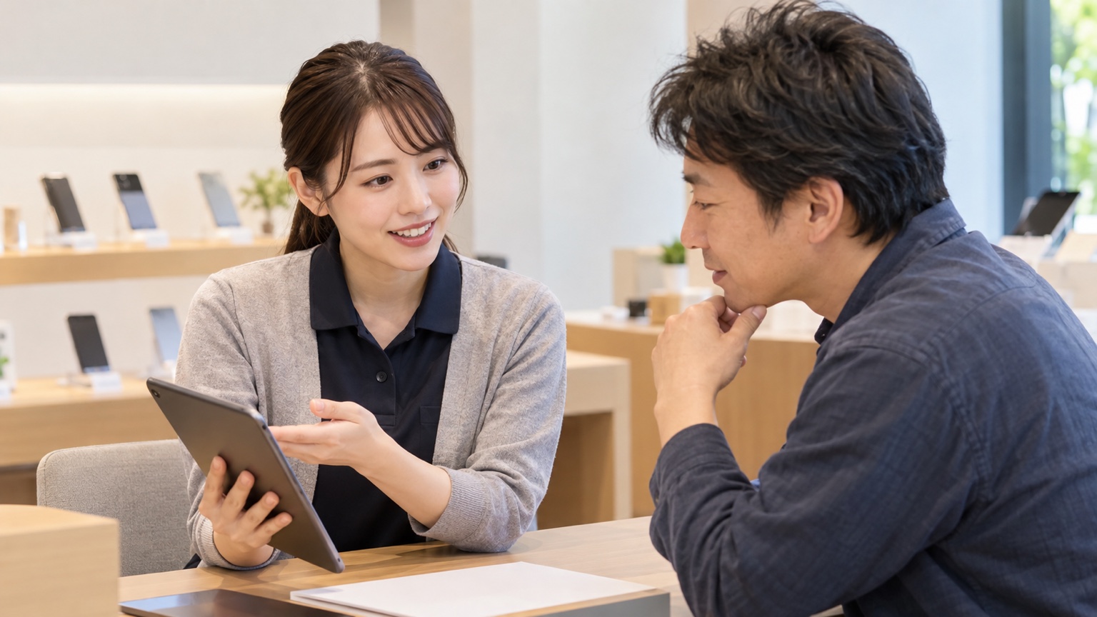 携帯ショップのカウンターで契約の説明を受ける様子
