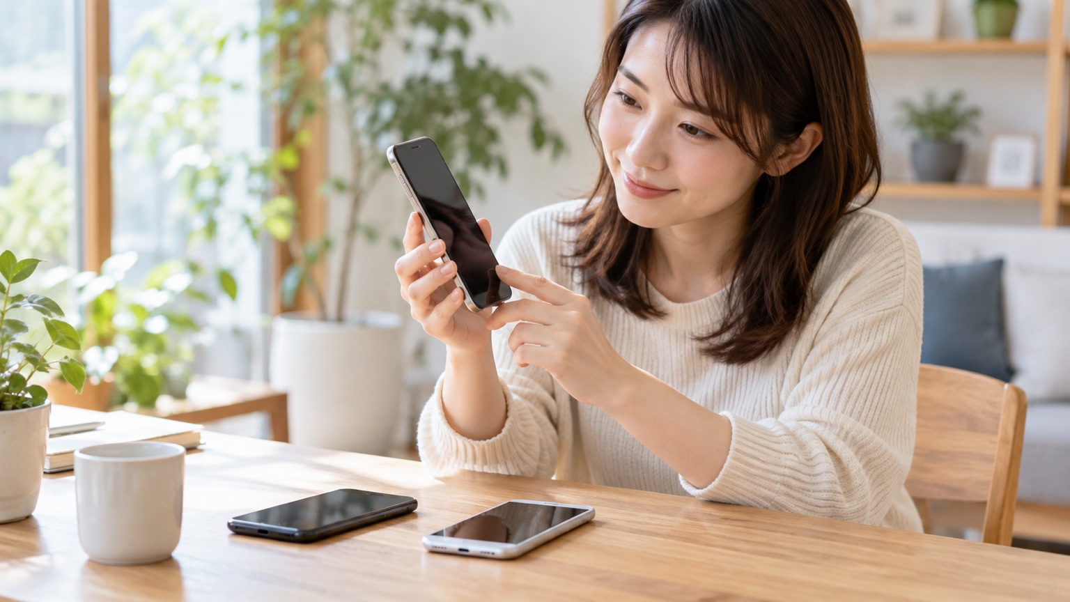 中古のスマートフォンを手に取って状態を確かめる様子