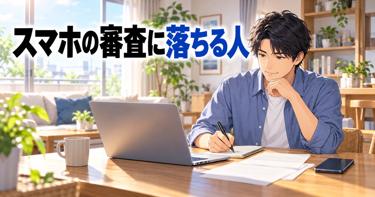 スマホの審査の仕組みを調べて確認する男性のイラスト