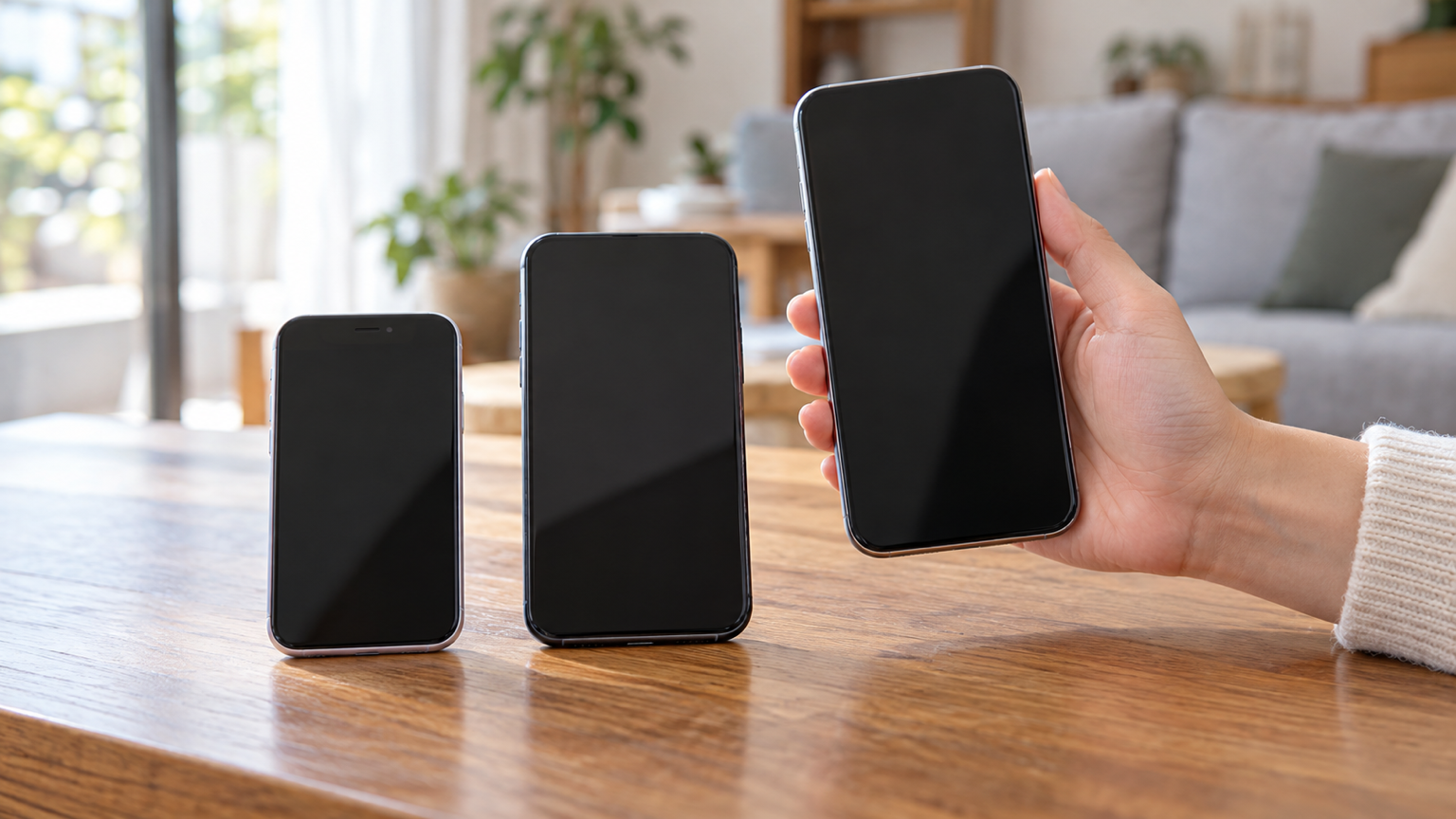 大きさの違う3台のスマートフォンを手に取って比べる様子