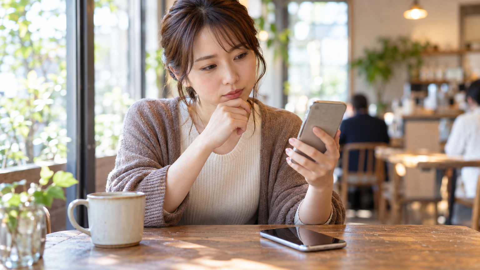今のスマホと新しいスマホを見比べて買い替えを考える女性