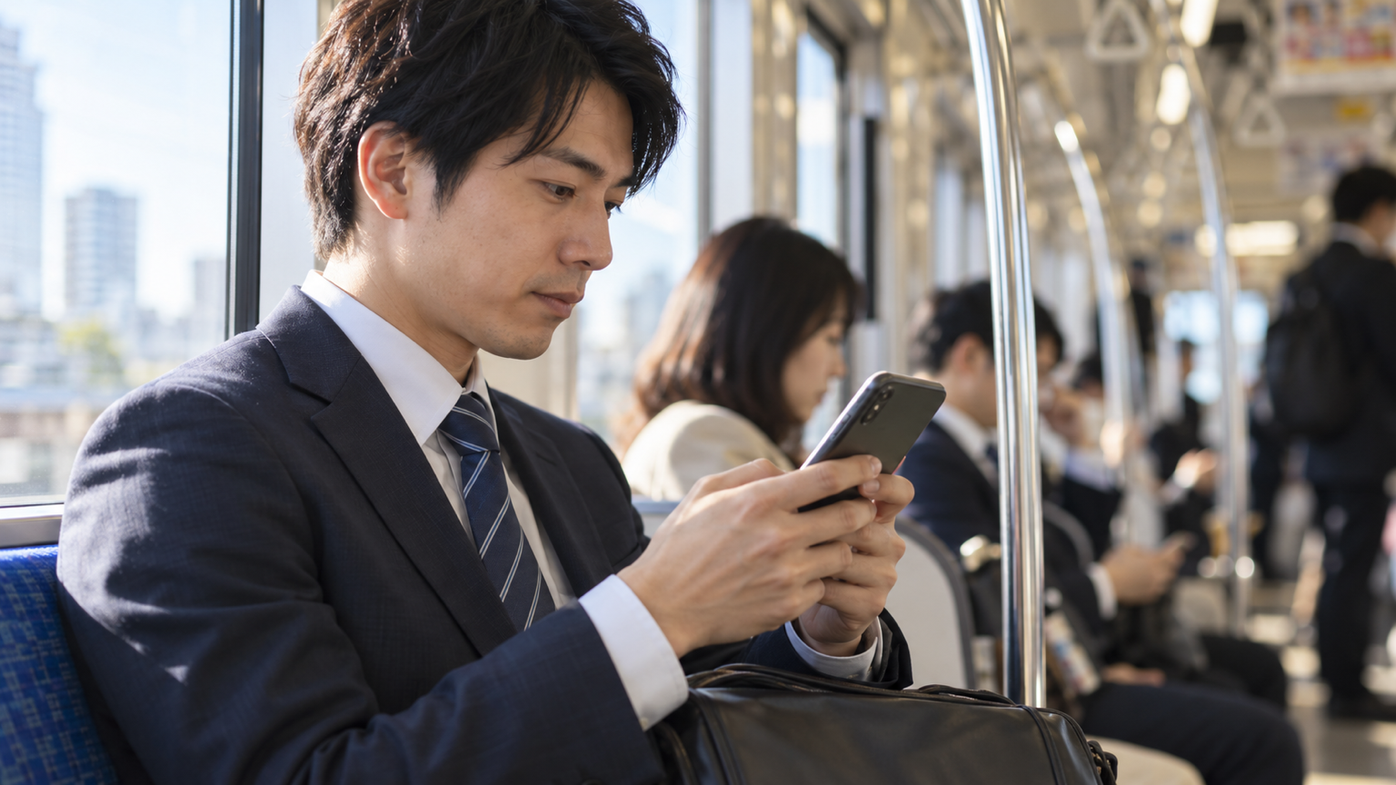 通勤電車で大きめのスマートフォンを使う会社員