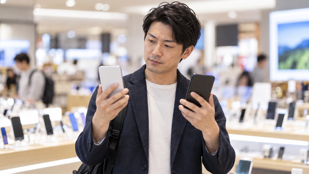 スマホ売り場で2台のスマホを見比べる人