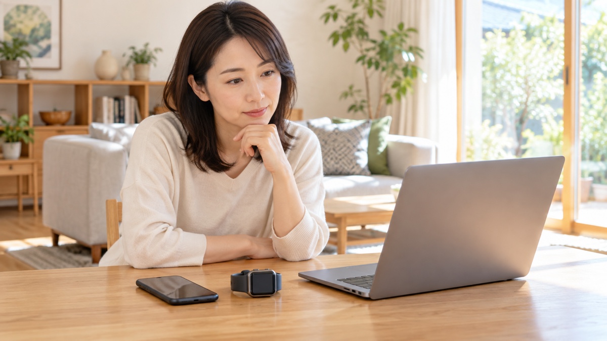 スマホと腕時計型端末とパソコンを並べて考える人