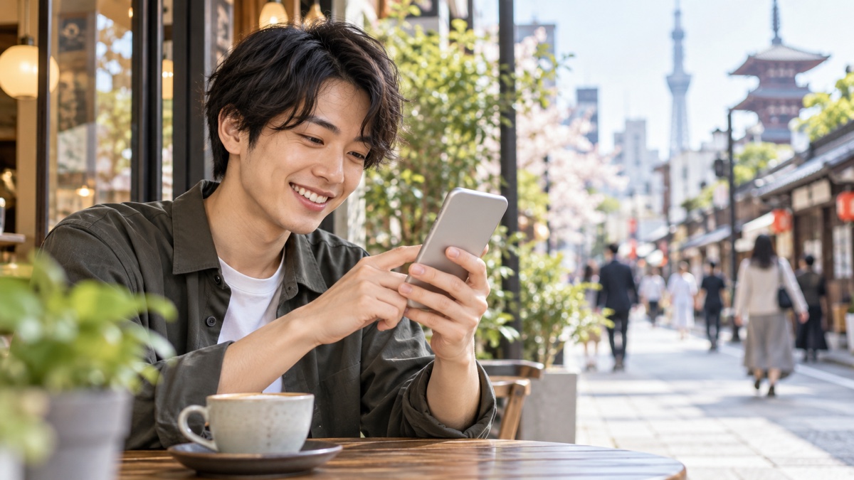 新しいスマホを笑顔で操作する人