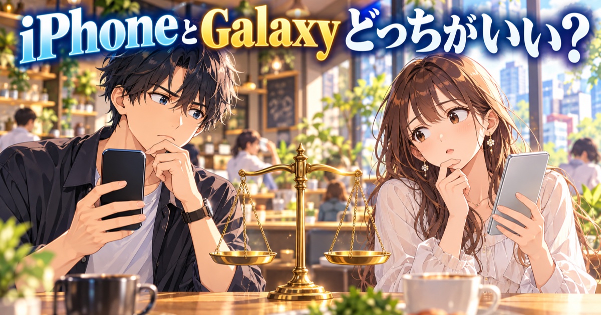 iPhoneとGalaxyのどちらにするか2台のスマホを見比べるイラスト