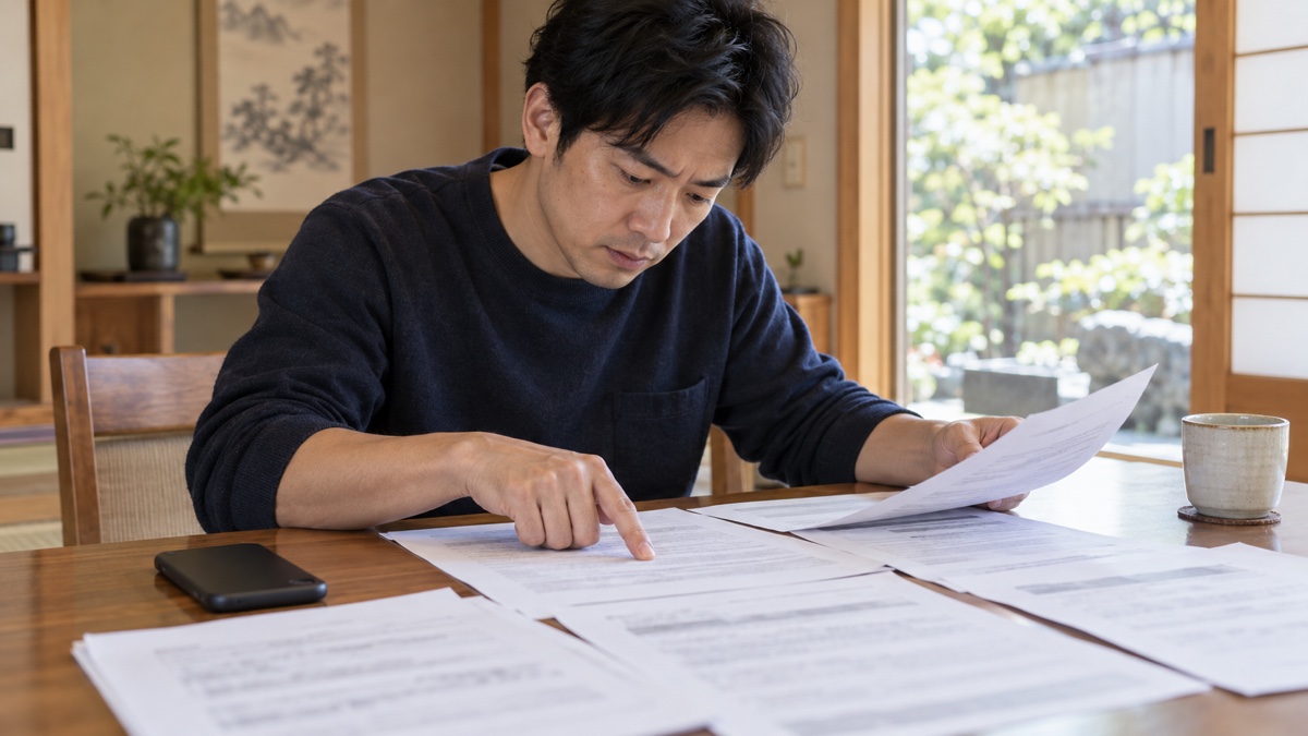 スマホの契約書類の注記を確認する人