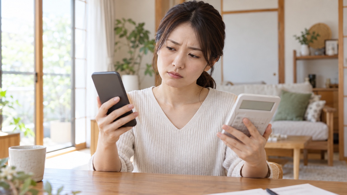 スマホの料金明細と電卓を見比べて悩む人