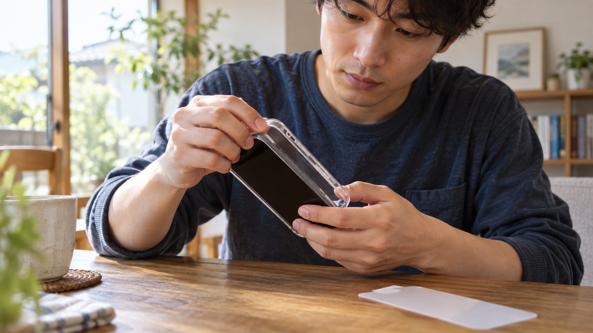 スマホにケースと保護フィルムを付ける人