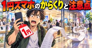 1円の値札のスマホと長いレシートに驚く人のイラスト