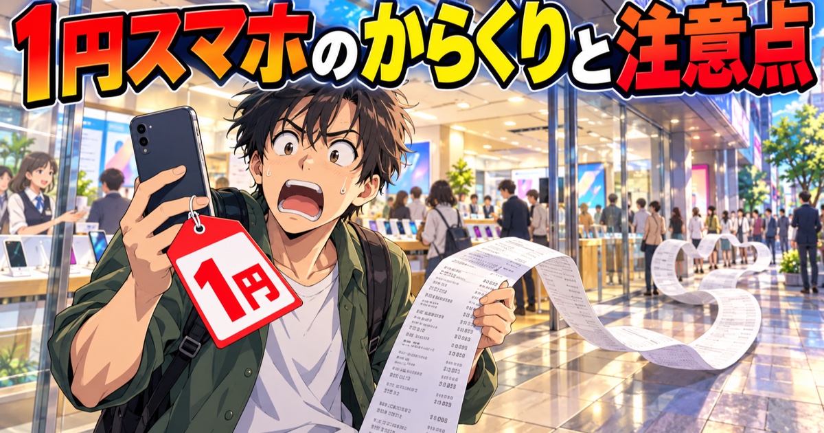 1円の値札のスマホと長いレシートに驚く人のイラスト