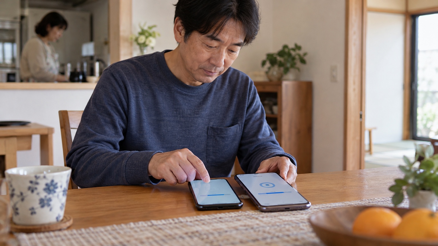 新旧2台のスマホを並べてデータを移行する様子