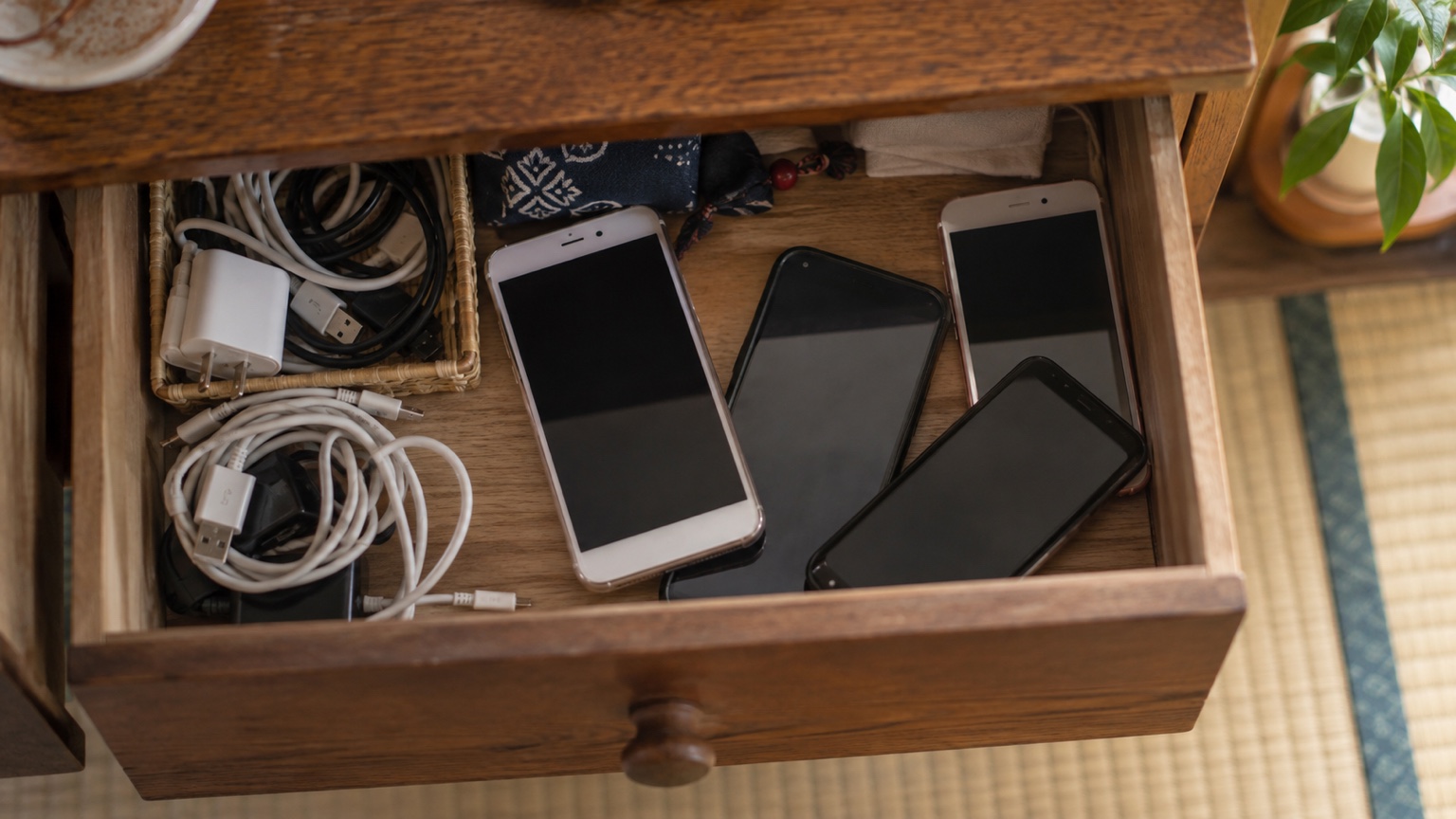 引き出しにしまわれたままの古いスマホ