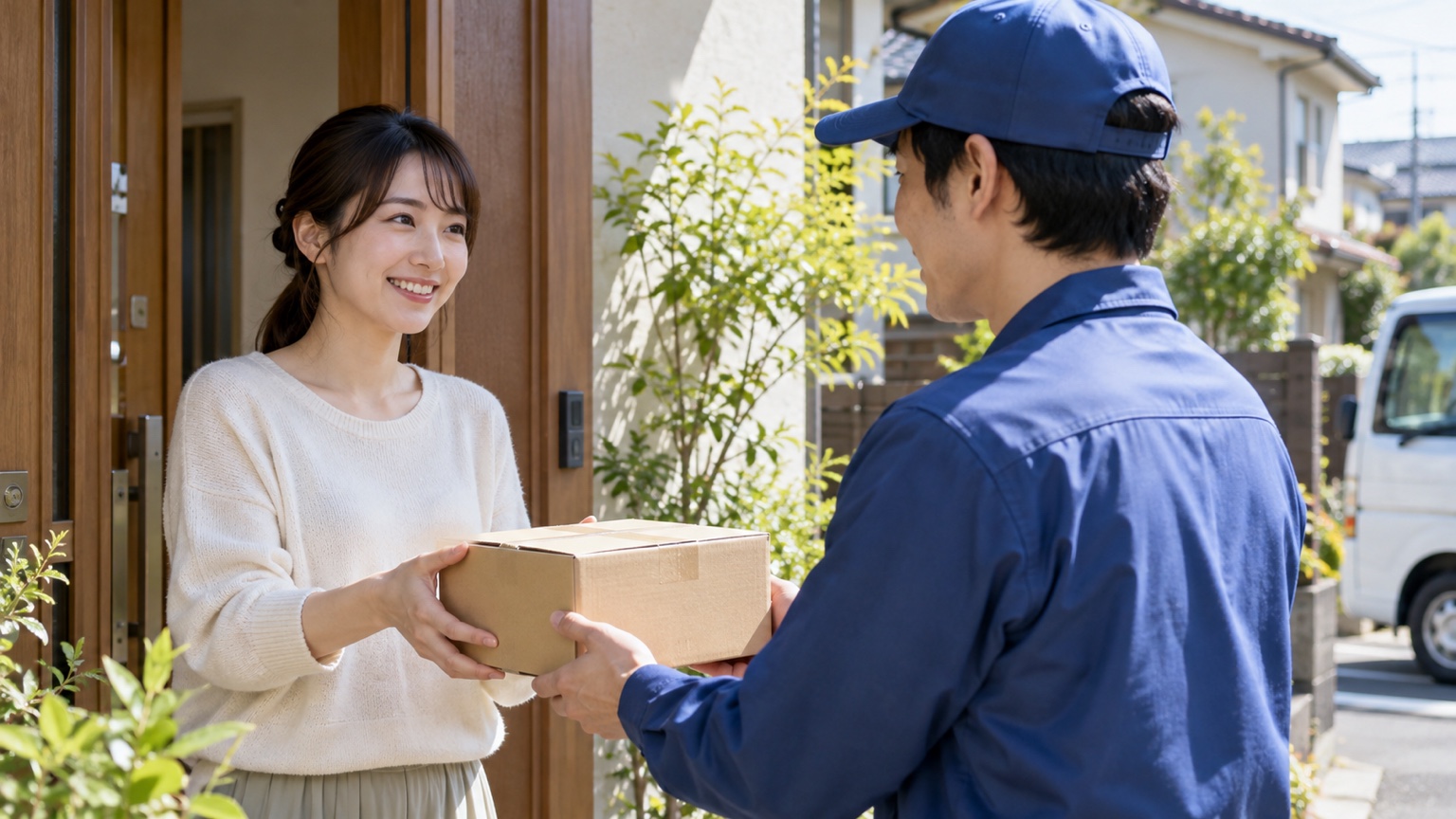 自宅の玄関で宅配業者に荷物を渡す様子