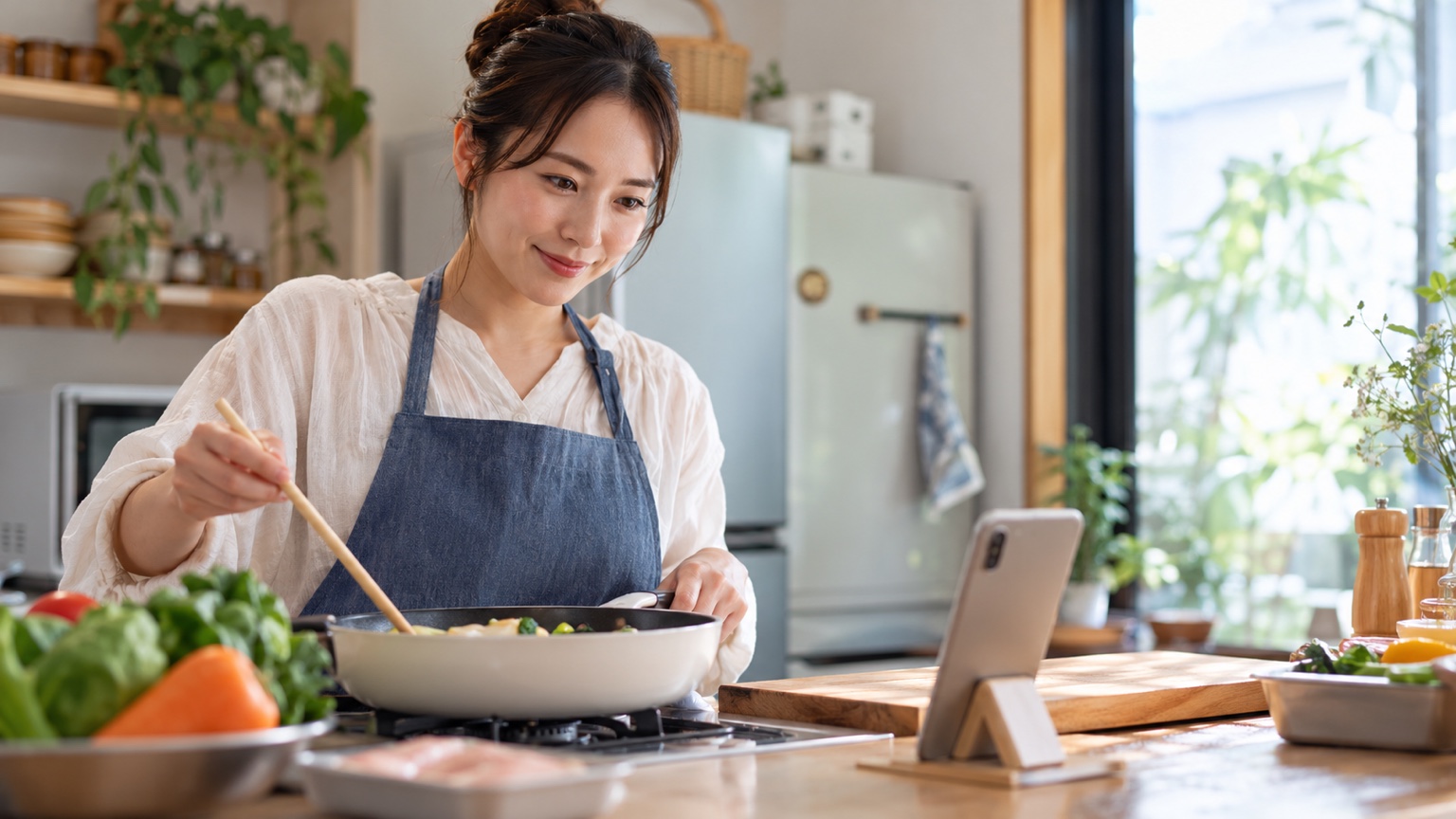 キッチンで古いスマホをレシピ表示に使う様子