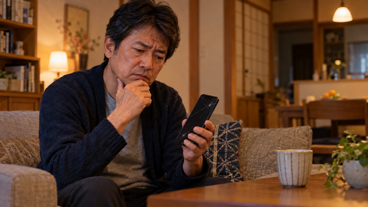 古いスマホを不安そうに見つめる男性