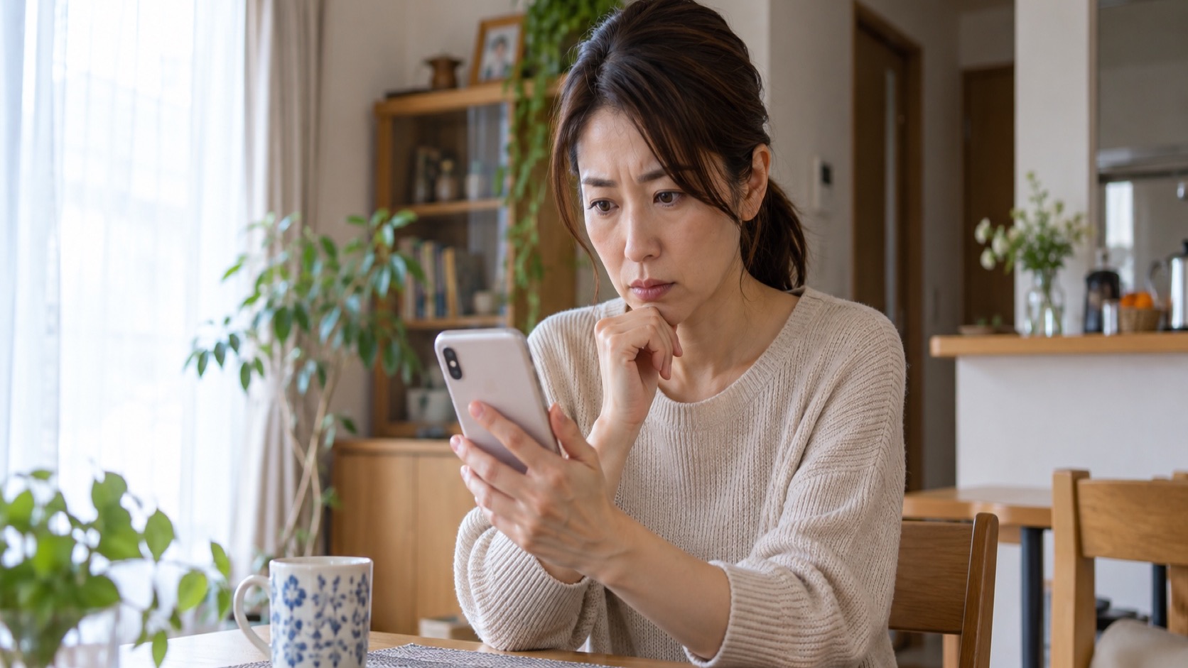 個人情報漏洩のお知らせメールをスマホで確認する日本人女性