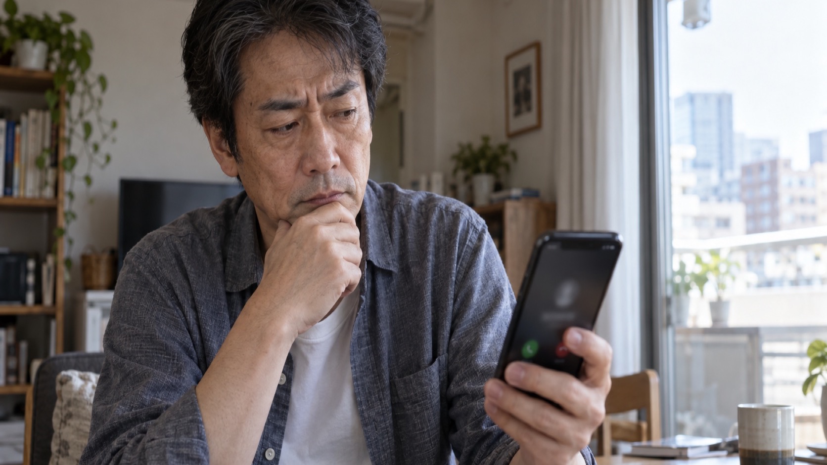 知らない番号からの着信に警戒する日本人男性