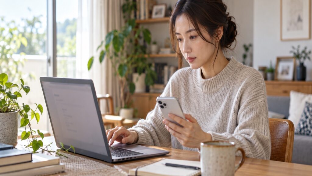 スマホとノートパソコンでパスワードを変更する日本人女性