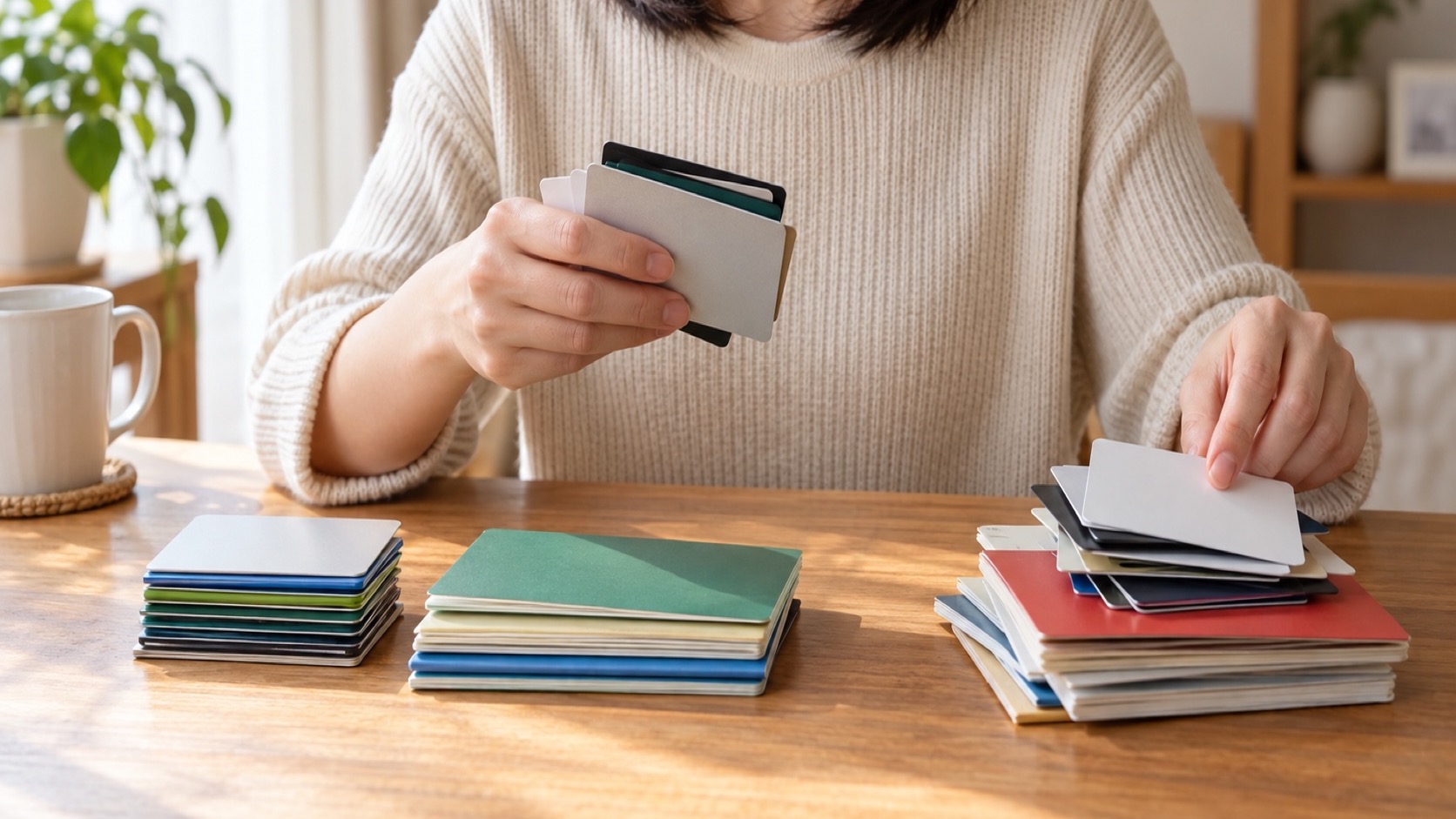 テーブルに並べたカードと通帳を整理する日本人の手元