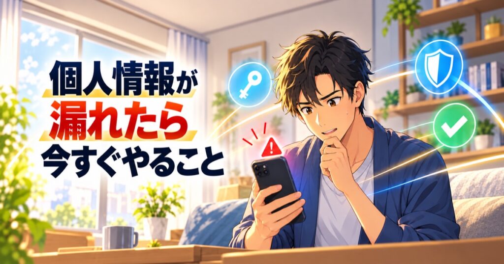 個人情報が漏洩したら今すぐやることを示すアニメ風アイキャッチ