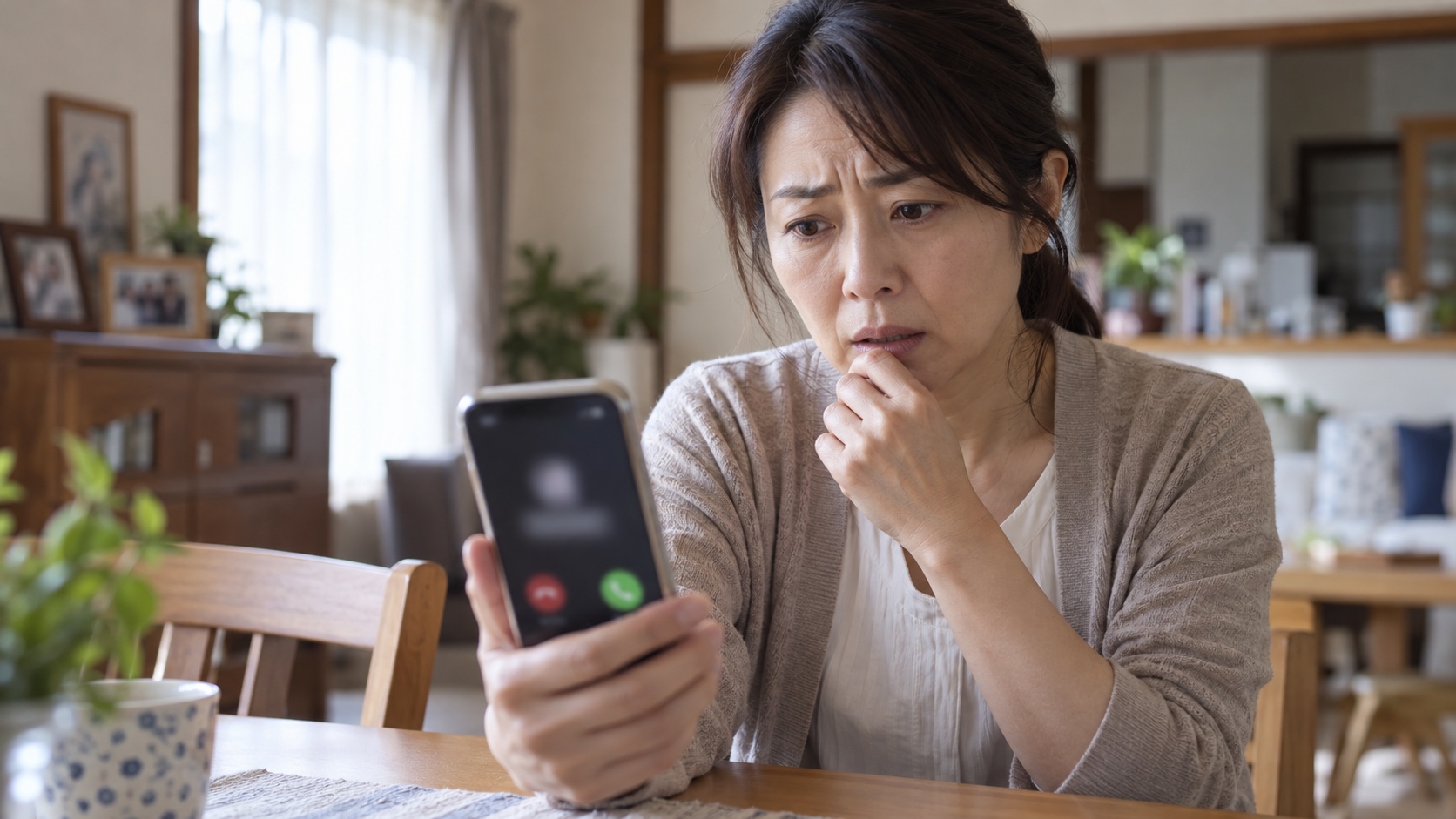 知らない番号からの着信を不安そうに見る日本人女性