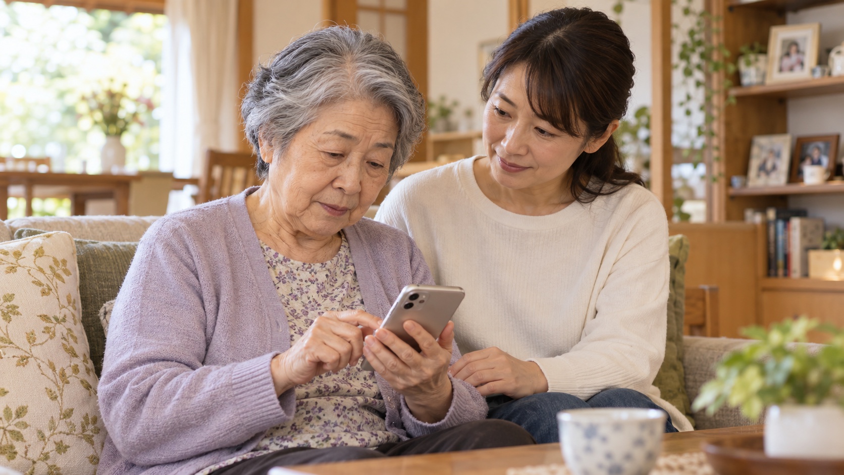 電話を切ったあと家族と一緒に相談先を調べる日本人のシニア女性