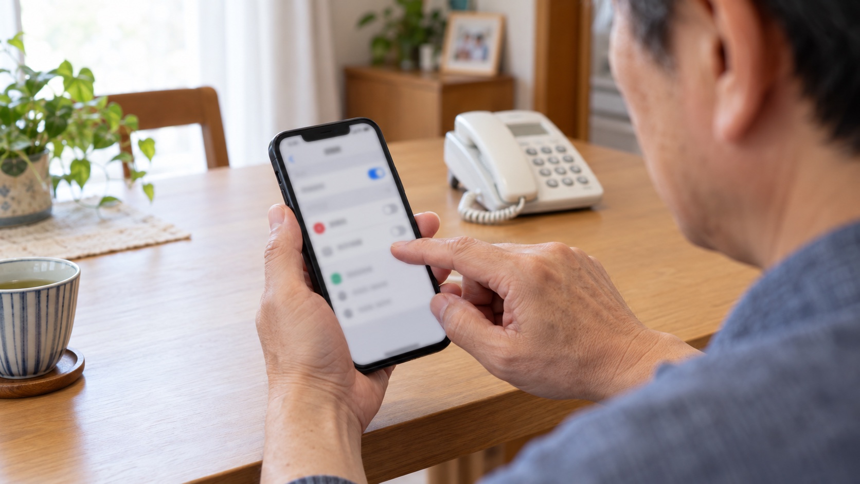 スマホと固定電話の着信拒否を設定する日本人の手元