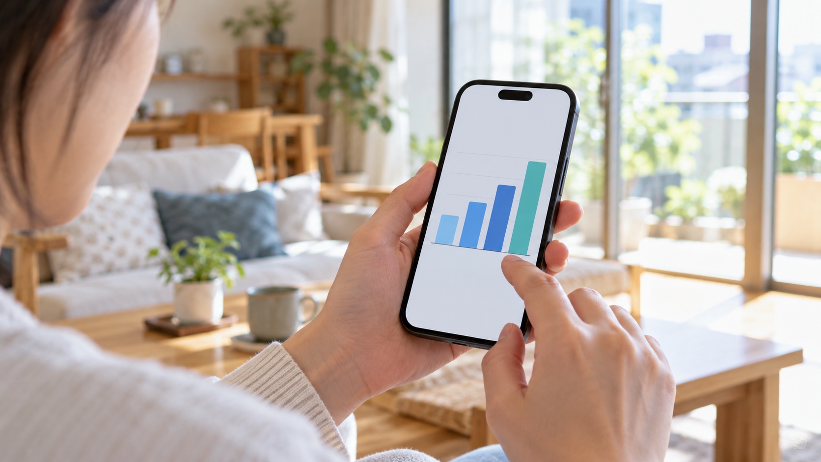 スマートフォンのデータ使用量を確認する日本人の手元