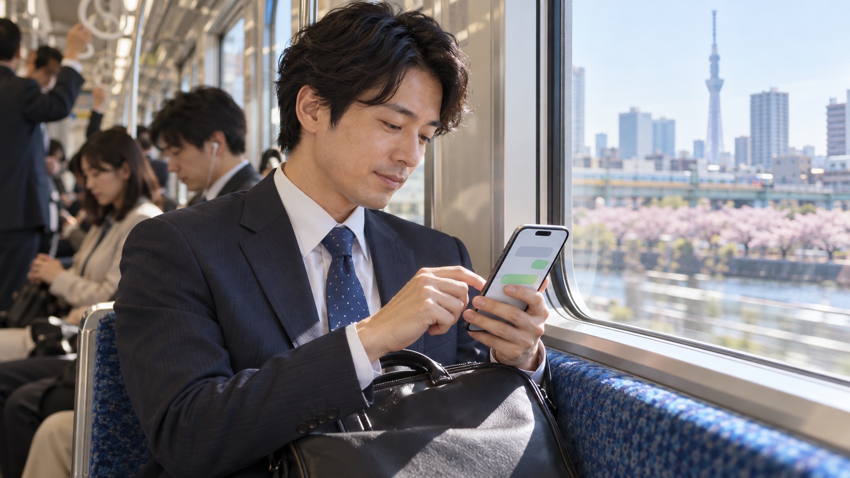 電車の中でスマートフォンを使う日本人