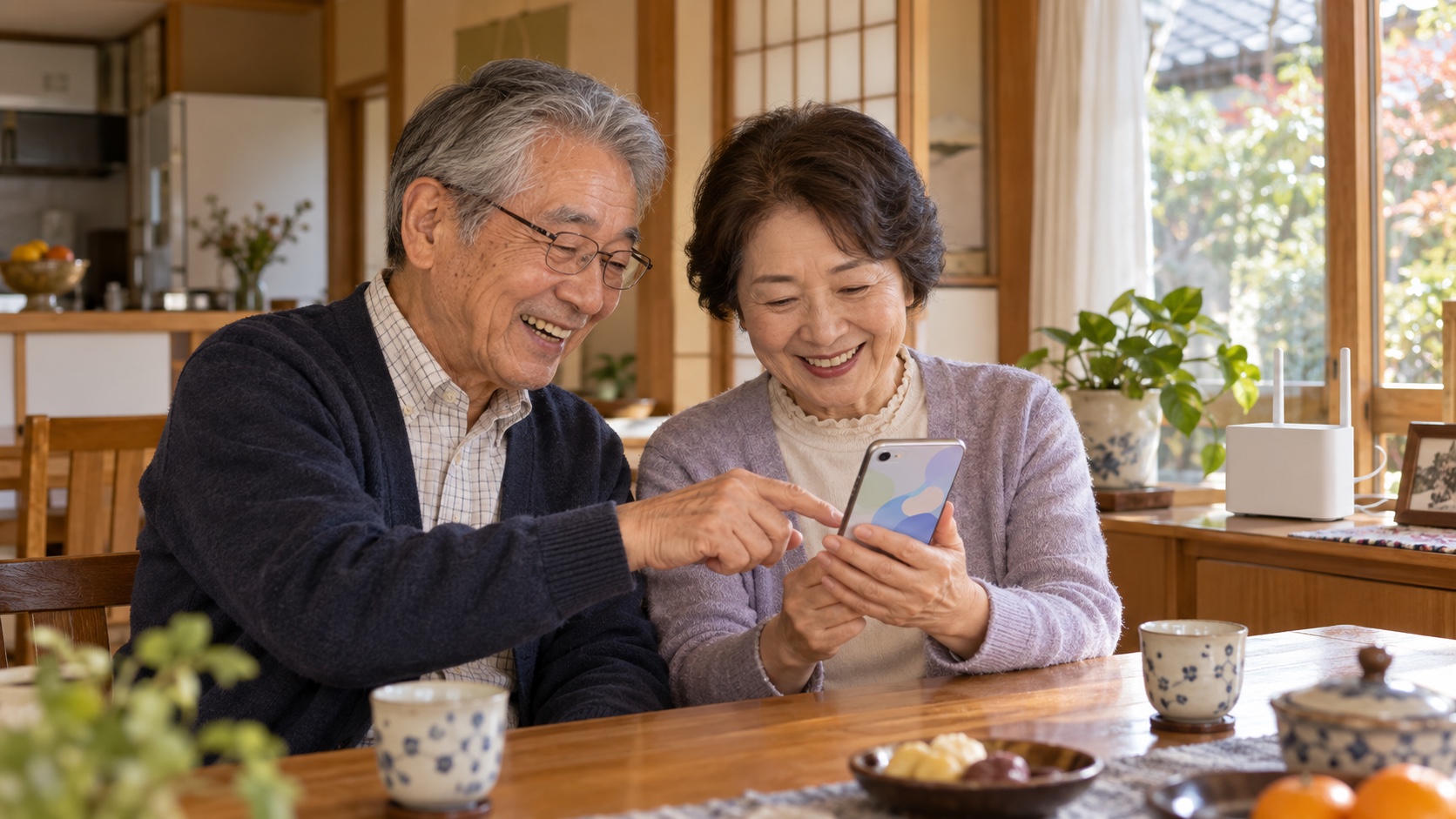 自宅のWi-Fiでスマートフォンを使う日本人のシニア夫婦