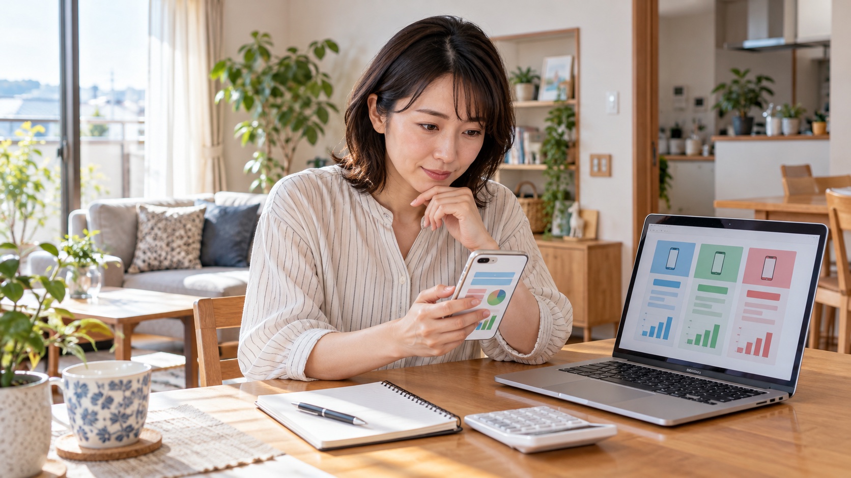 スマートフォンの料金プランを見比べる日本人女性