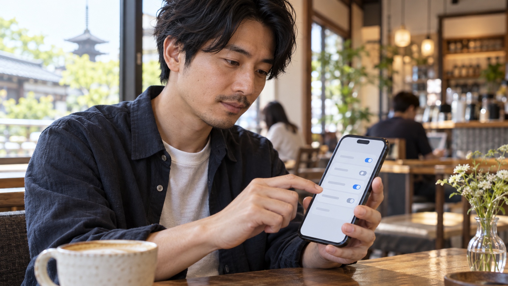 カフェでスマートフォンの設定を変える日本人男性