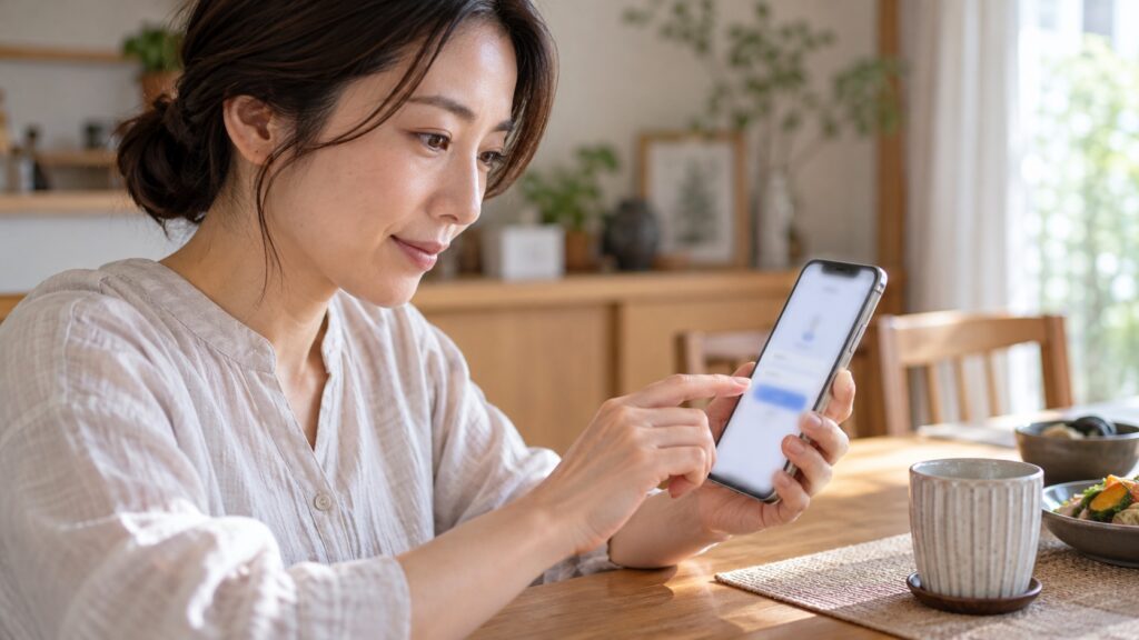 スマホのログイン画面で自動入力を使う日本人女性の手元