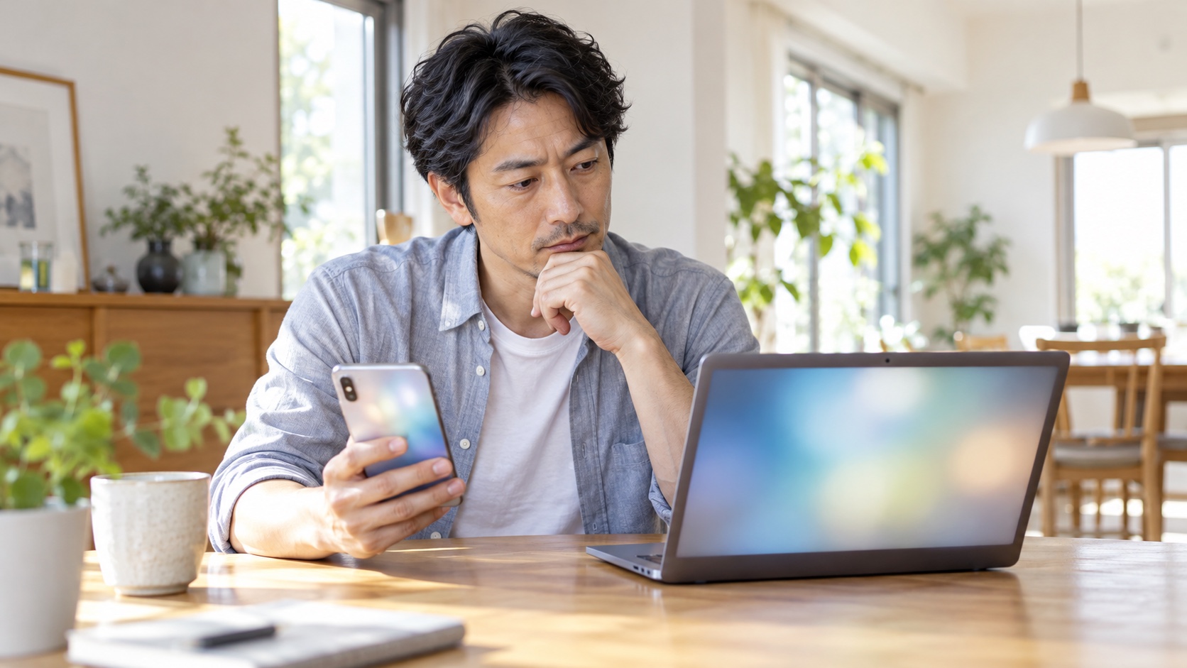 スマホとノートPCを並べて見比べる日本人男性
