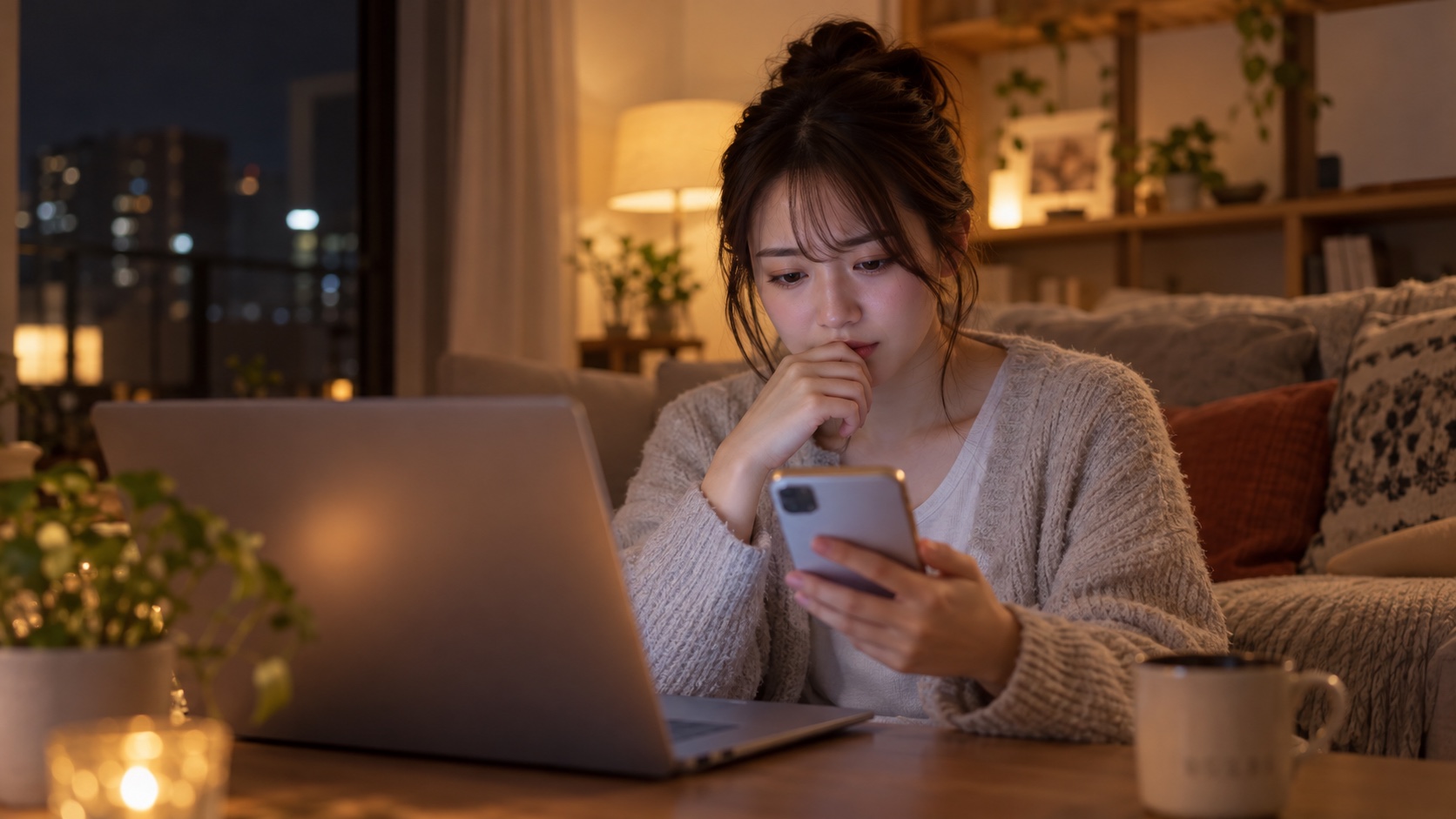 ノートPCの前で不安そうにスマホを見る日本人女性