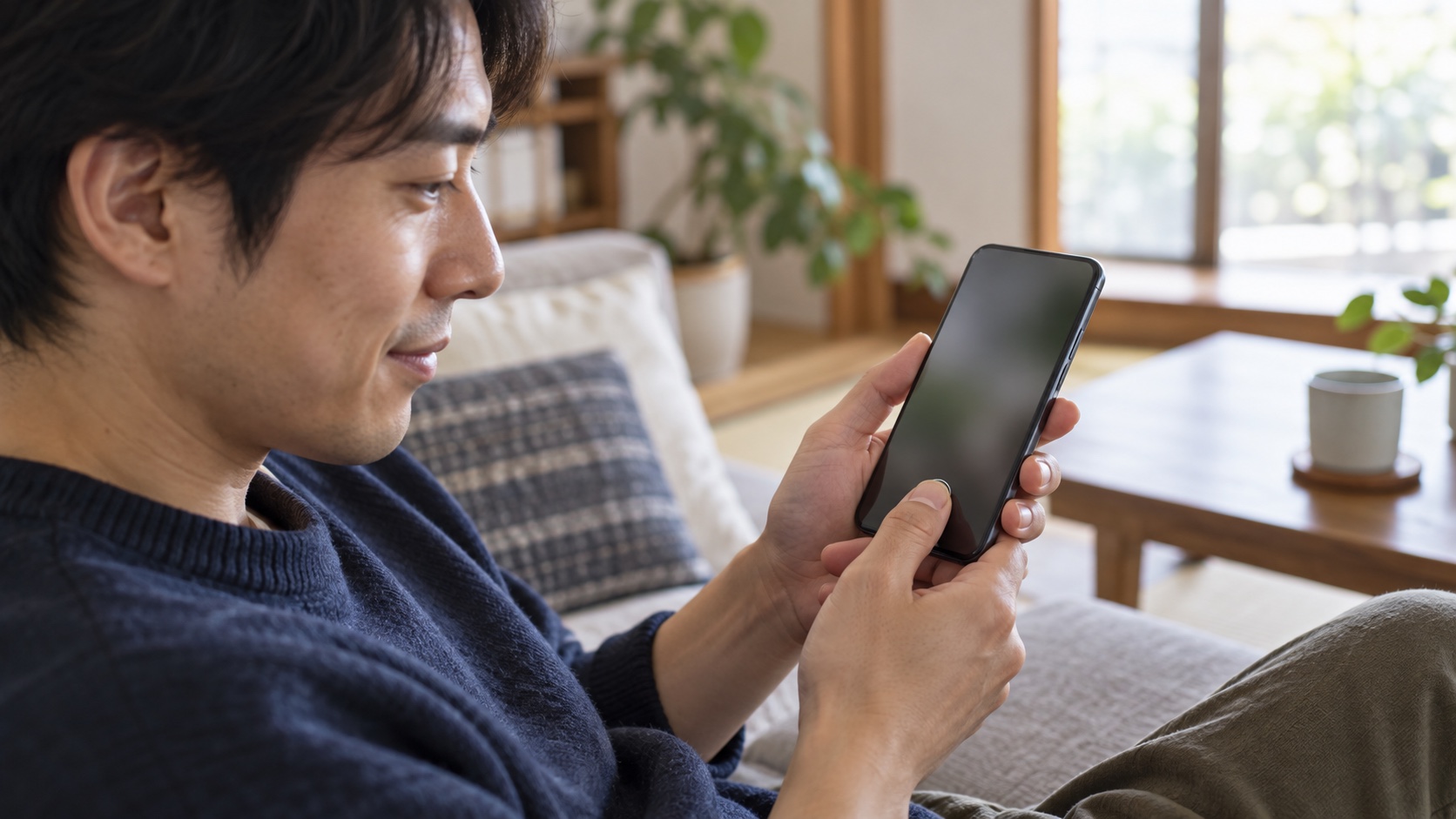 スマホの指紋認証でログインする日本人の手元