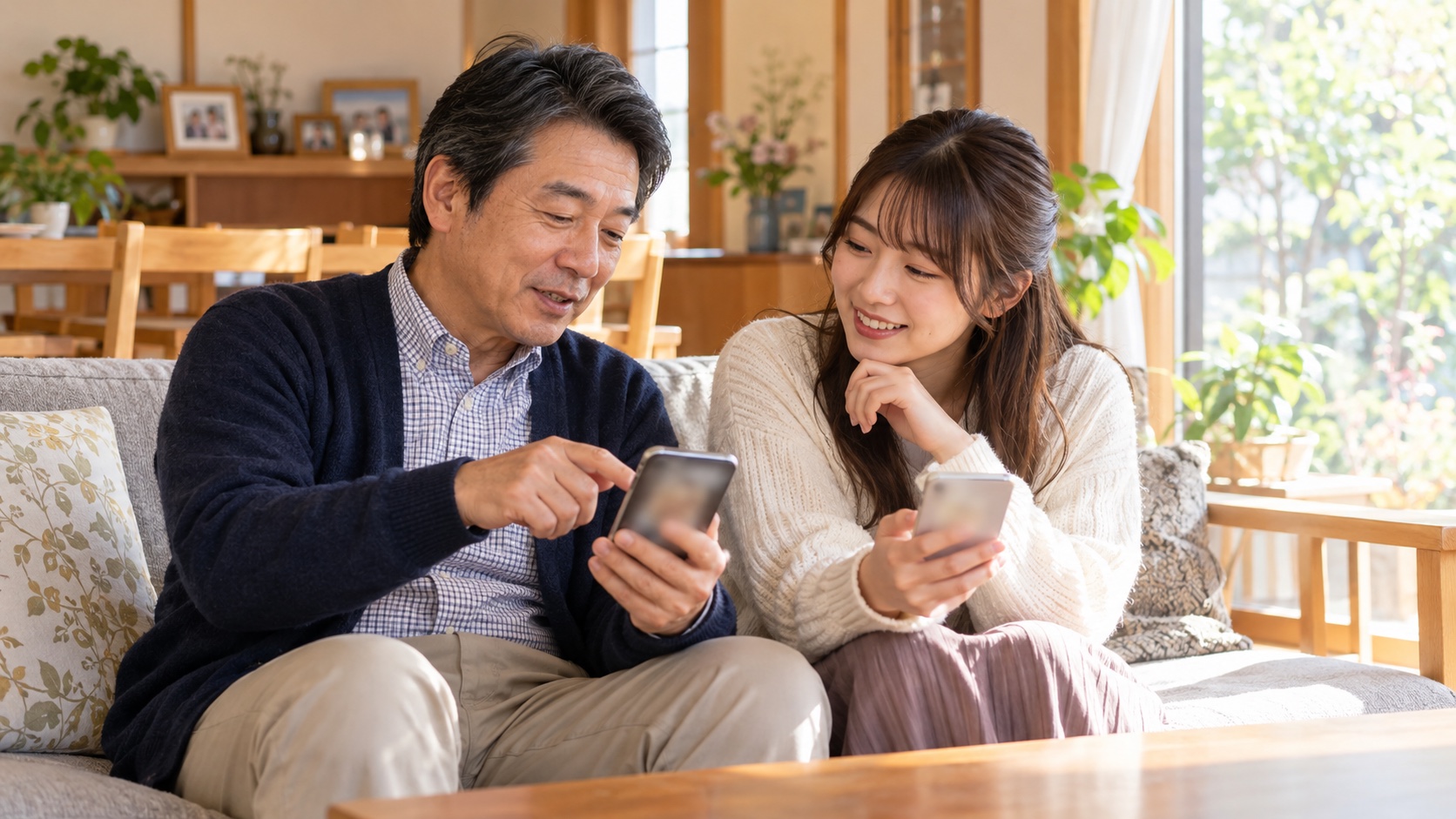 家族でスマホを見ながら相談する日本人の親子