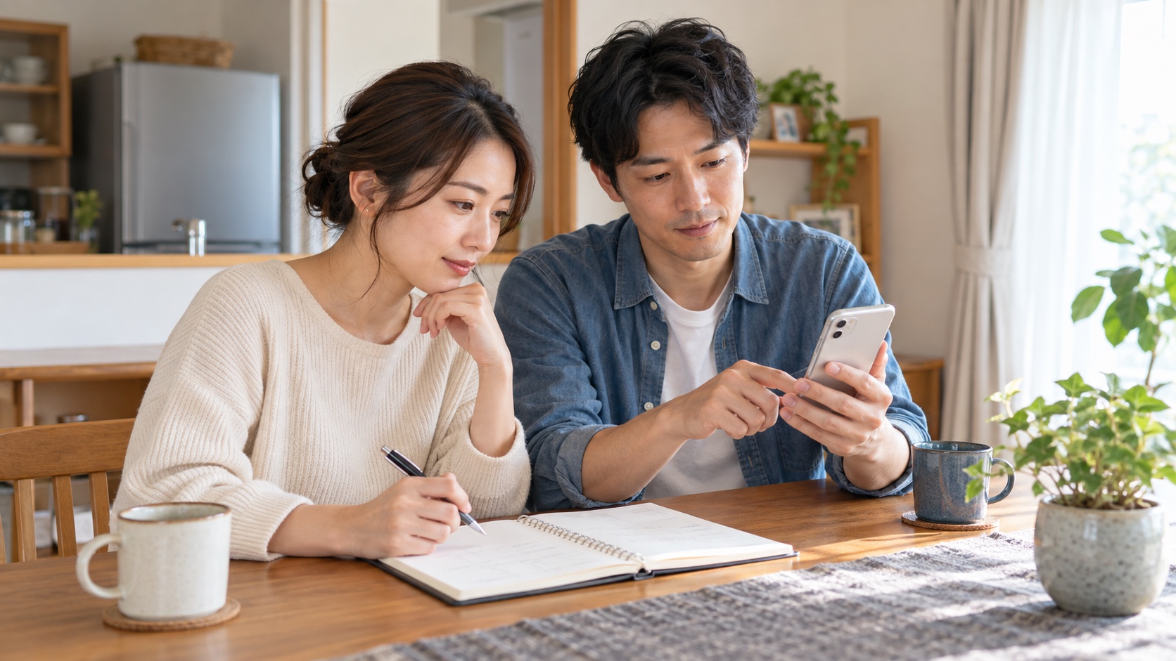 スマホを見ながら固定費を相談する日本人夫婦