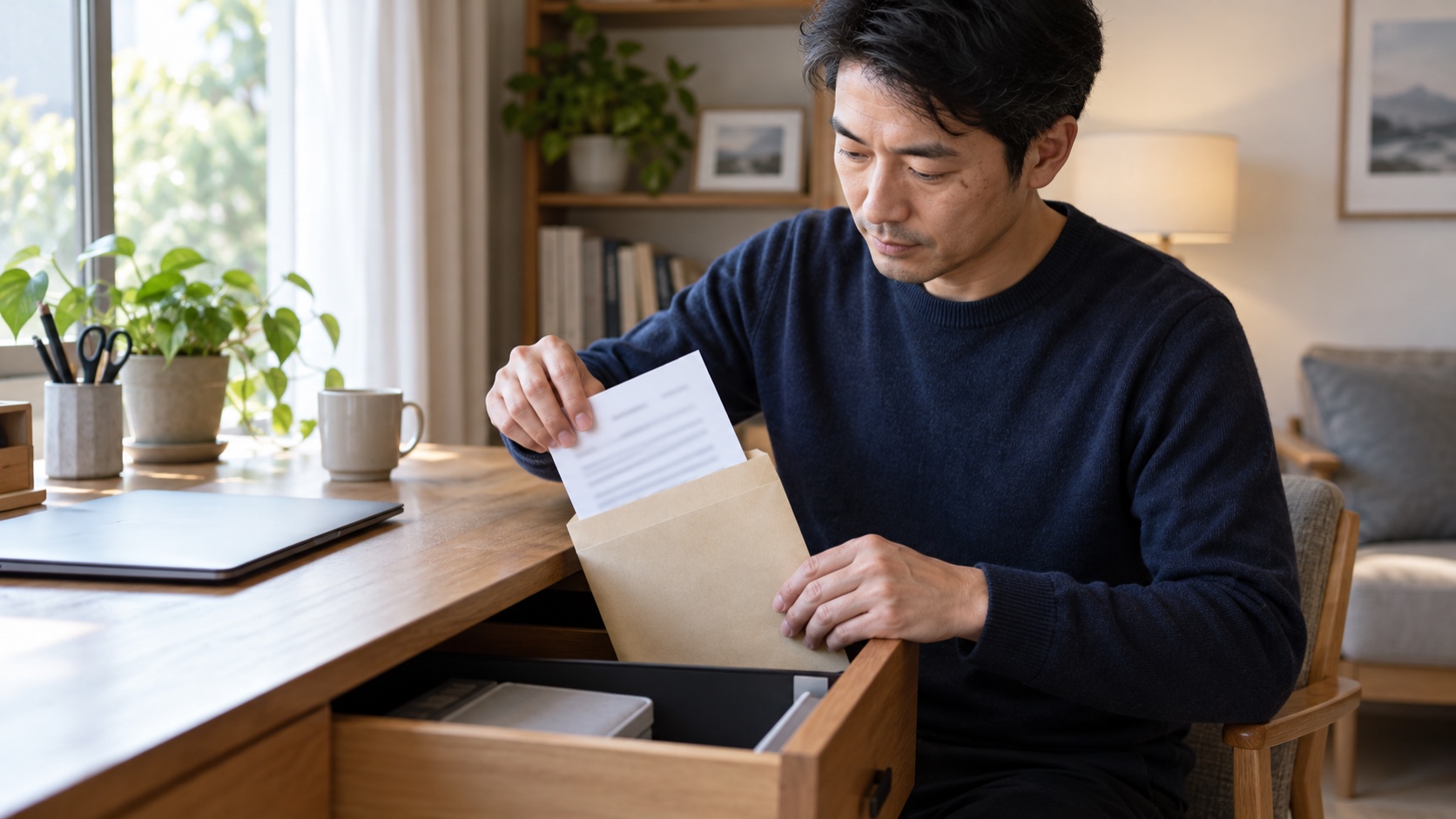 大事な書類を引き出しにしまう日本人男性